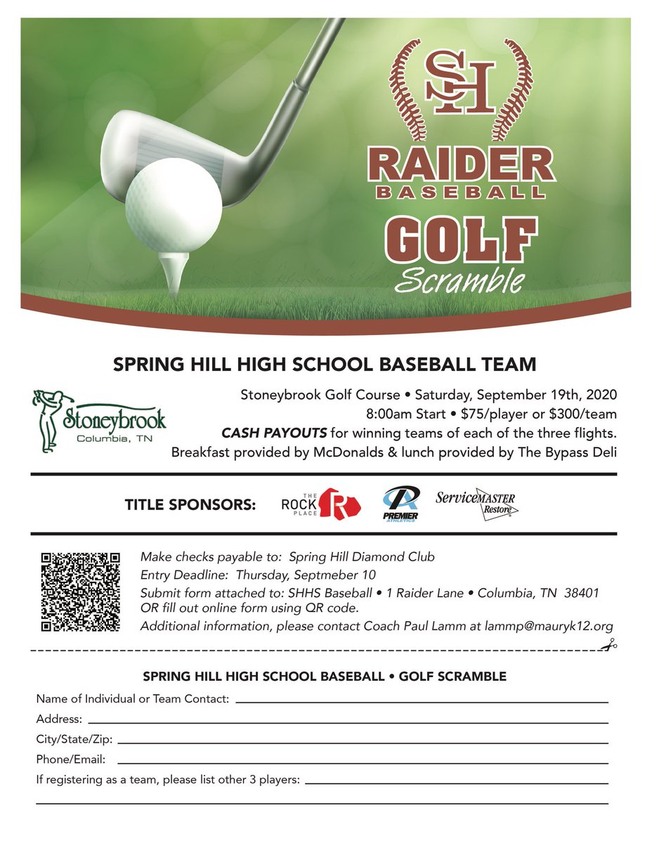 SHillbaseball's tweet photo. The Raider Baseball Golf Scramble is a go for Saturday, September 19th at Stoneybrook Golf Course! 

See flyer for details! https://t.co/tw2CUUmiaV