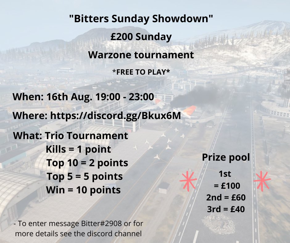 itsrealbitter's tweet photo. Hosting a Warzone Tournament this Sunday. 

DM myself or @NSG_Stuart for more details. https://t.co/91sSlpLdQH
