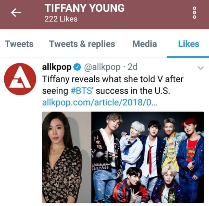 Tiffany liked a tweet of what she said to Taehyung and proud of BTS success in US 