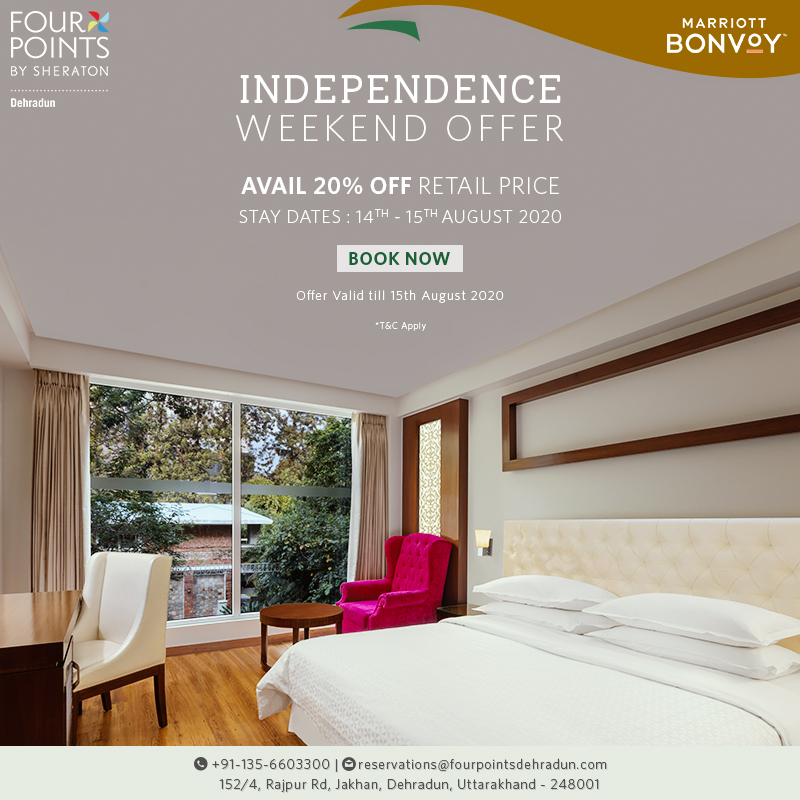 #IndependenceDayWeekendOffer 
Enjoy a luxurious staycation at #FourPointsbySheratonDehradun,  book yourself a mini-vacation and avail 20% off retail price. 
Offer valid till  15th August'20, for reservations please call  +91-135-6603300 .
#IndependenceDayOffer #BookNow #Dehradun