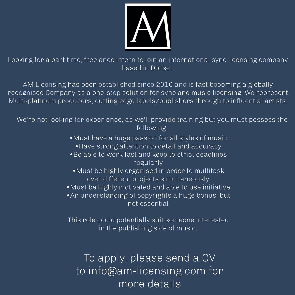 am_licensing's tweet image. If you're interested in joining our team, or know anyone who is, apply within. 16-21 is preferred. Share, share, share!
.
.
.
#amlicensing #amstudio #internship #opportunity #jobhunting #dorset #bournemouthandpoolecollege #bournemouthuniversity
