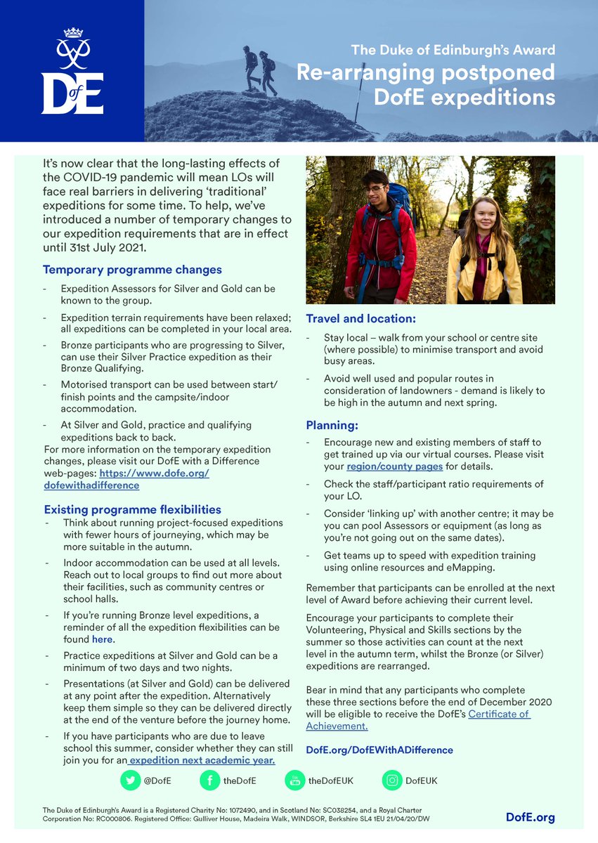 DofE's tweet photo. #DofE Leaders, keep up to date with our temporary expedition flexibilities here and download the useful PDF: https://t.co/reYbHrXuHI

#DofEWithADifference https://t.co/Mjc6CTLkYA