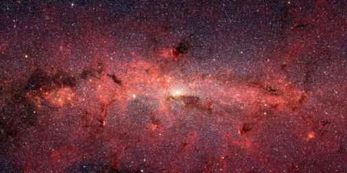 View of the center of the Milky Way galaxy from the Spitzer Space Telescope.  