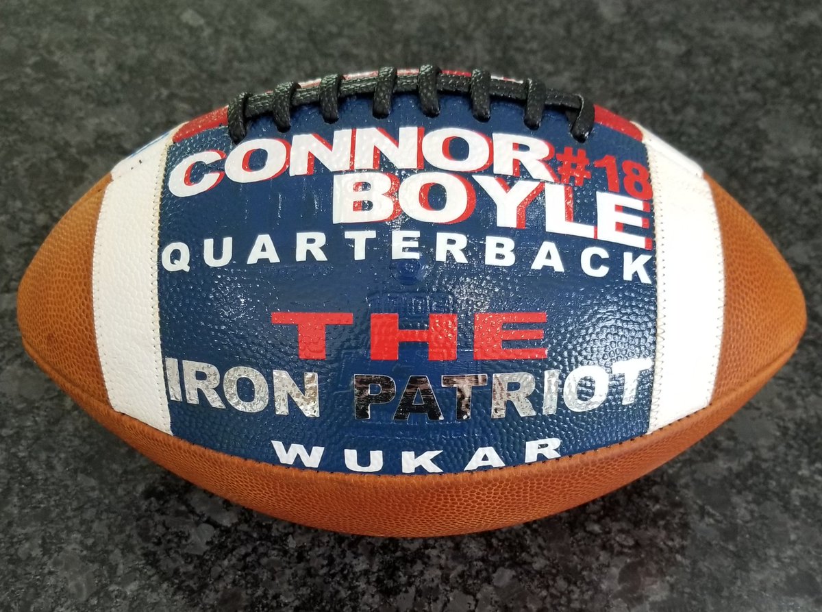The_Ball_Girl's tweet photo. CB East's @CBEastFootball QB - CONNOR BOYLE continues to kick cancers butt giving him the ultimate nickname of "The Iron Patriot" - he was recently presented with this special custom football 🏈 from his coaches and team. You are truly an inspiration Connor! @east_cb https://t.co/cCyPzVbpGy