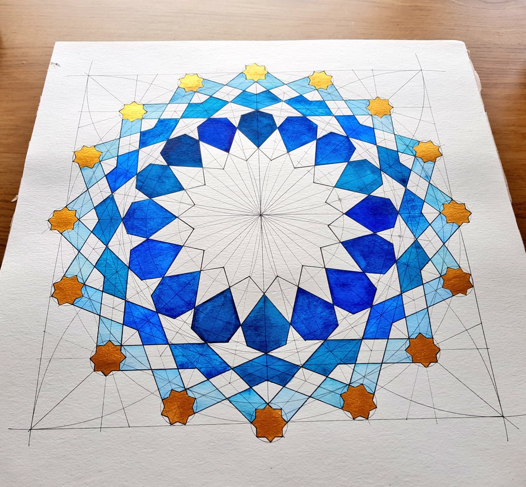 samira_mian's tweet photo. Gold: 16 eight pointed stars, two coats.

Central star: Zero, nil, nada.
The pattern is an extrapolation from a twevefold pattern from Al Rifa'i Mosque in Cairo following @arabezier's construction. 

#inkandwatercolour #islamicgeometry #mathart #mtbos #mathsart #compassandruler https://t.co/WTEdcrbMKo