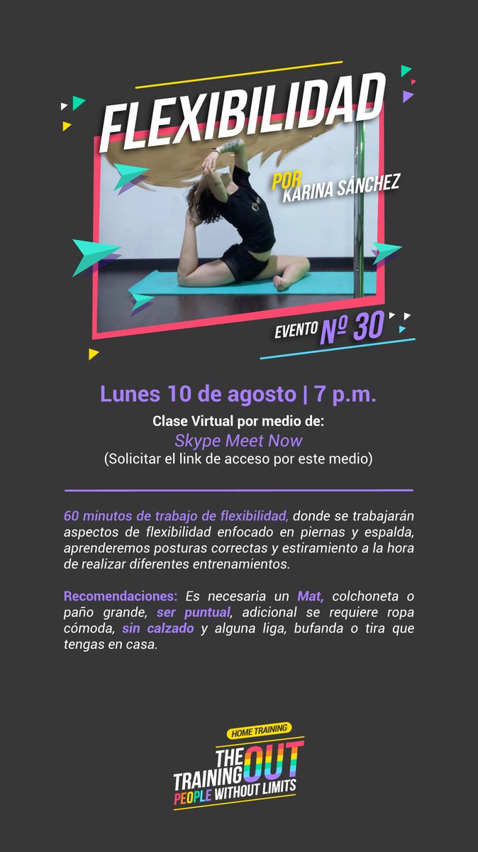 TheTrainingOut's tweet image. Evento Nº 30 en #TheTrainingOut

Lunes 10 de agosto | 7 p.m.
Clase virtual de flexibilidad impartida por Karina Sánchez

Plataforma: Skype Meet Now.
Link de acceso: join.skype.com/ya24lWvvei9Z

¡RT para compartir con tus amigxs!