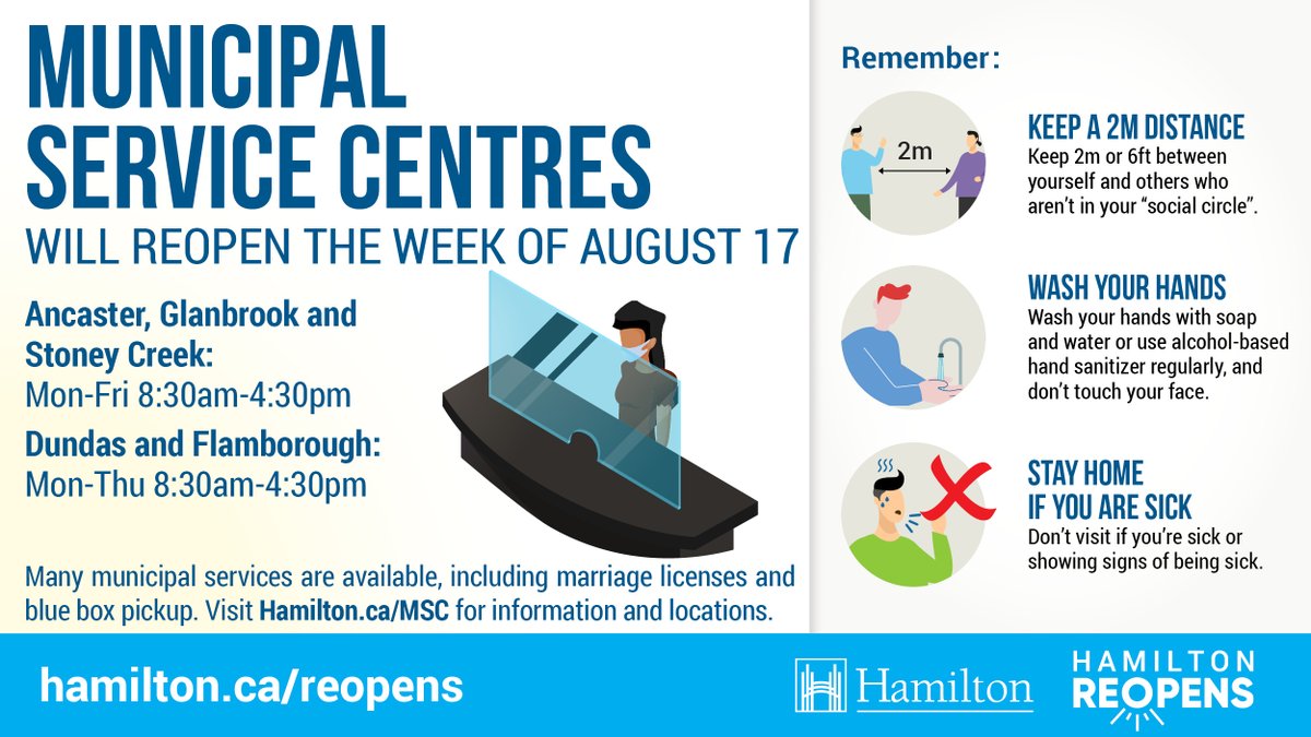 cityofhamilton's tweet photo. Hamilton’s Municipal Service Centres will reopen to the public next week, bringing more City-services closer to you – like marriage licenses, blue box pickup and more. Learn more: https://t.co/GwlCxbZfhs #HamiltonReopens https://t.co/nbDxxQh5jt