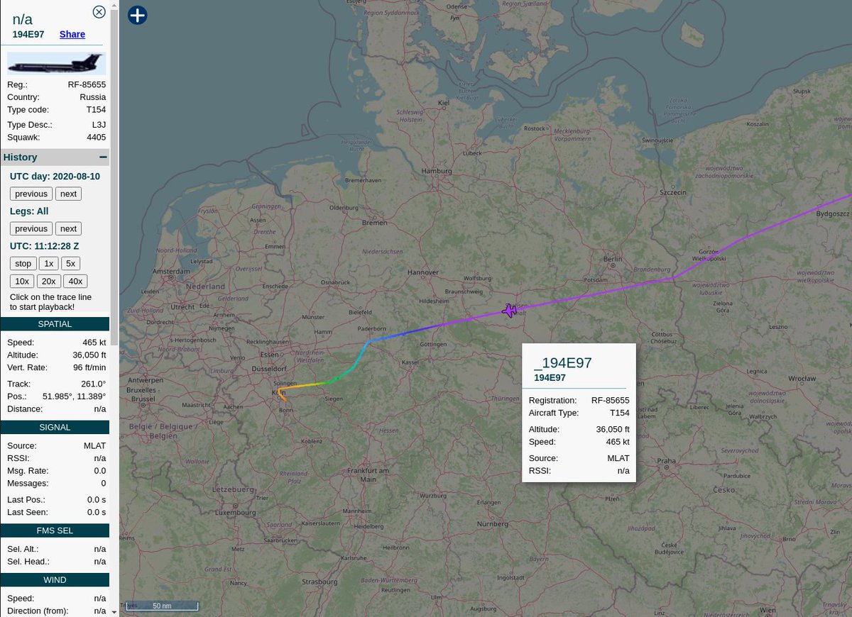   #Russia|n Air Force  #RuAF Tupolev Tu-154M-LK1 Open Skies Treaty-certified observation plane RF-85655| #194E97 flew to  #EDDK to conduct a scheduled Open Skies Treaty observation flight over Germany this week.  https://tar1090.adsbexchange.com/?icao=194e97&showTrace=2020-08-10 #RF85655  #OpenSkiesTreaty
