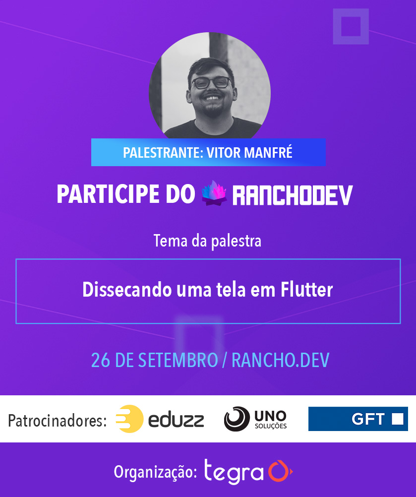 tegrame's tweet photo. No RanchoDev, o palestrante
Vitor Manfre Dissecando uma tela em Flutter.
Sorocabano, que trabalhou com React e .NET anteriormente, hoje é engenheiro de software no Nubank que trabalha com Clojure e Flutter diariamente.
Saiba mais em: https://t.co/nwfpw11AHx
#desenvolvedor #tegra https://t.co/NQWR5efrV7