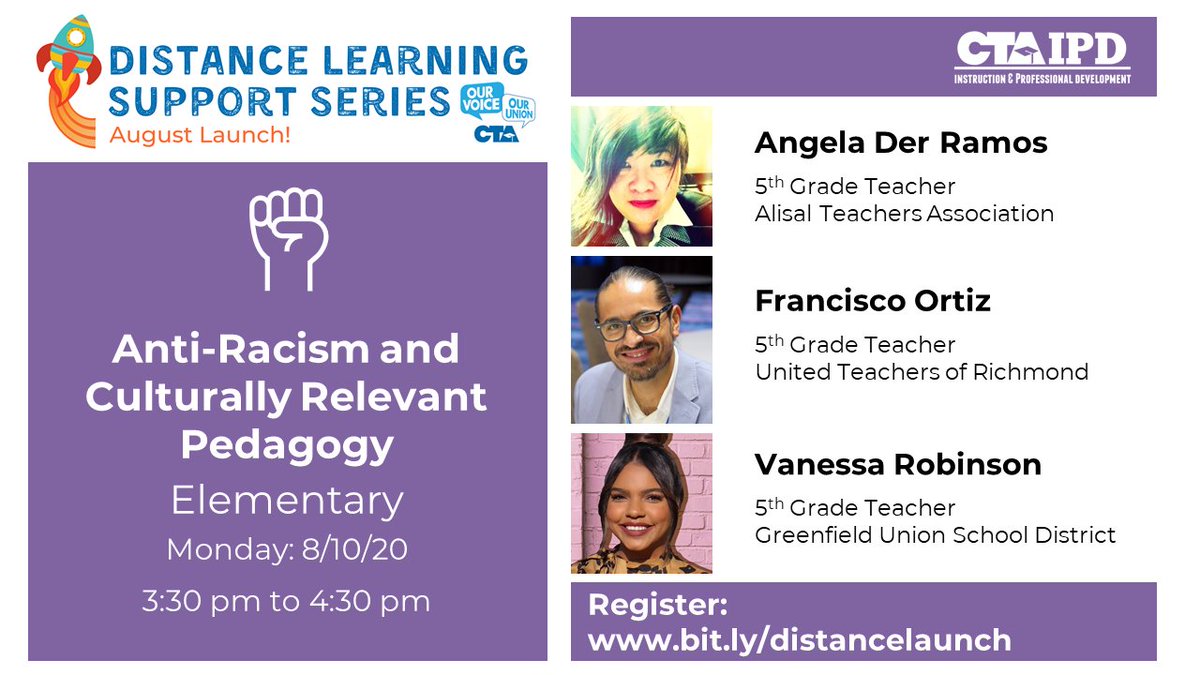 ctaIPD's tweet photo. How can we use literature to discuss racial narratives in the classroom? We are thrilled to welcome @angeladerramos @latinxed @MissRobinson35 to the @WeAreCTA #IPD Distance Learning Support Series today from 3:30p to 4:30p. Not to be missed! Register: https://t.co/r1sHZC28g0 https://t.co/YGpkqKPvY2