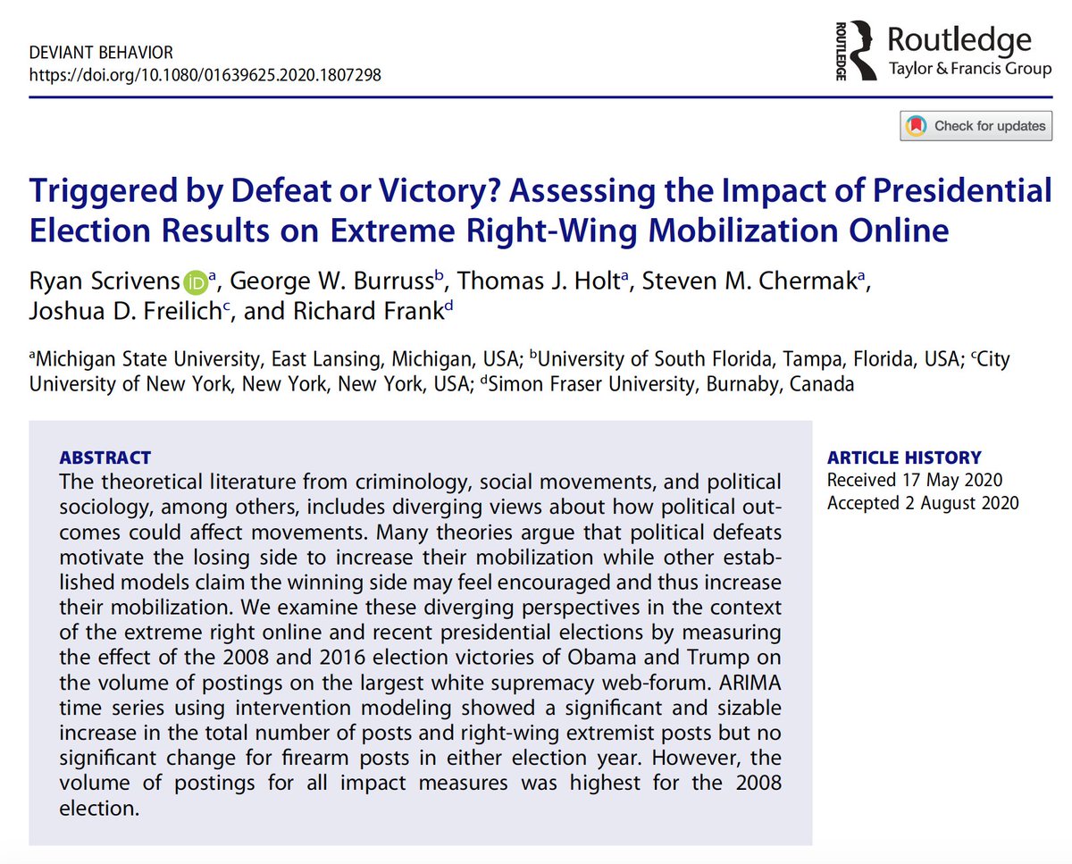Coming out soon.

Our latest on the effect of the 2008 and 2016 election victories of #Obama and #Trump on extreme right-wing mobilization online.

Right in time for the 2020 U.S. presidential election.