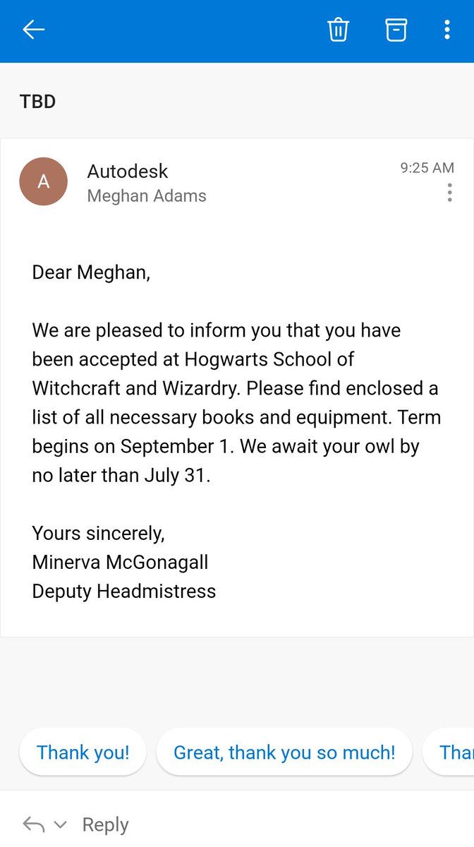 red10meg's tweet photo. anyone wanna explain why i got a hogwarts acceptance letter/email from autodesk?? https://t.co/b2LTrUA4Cz