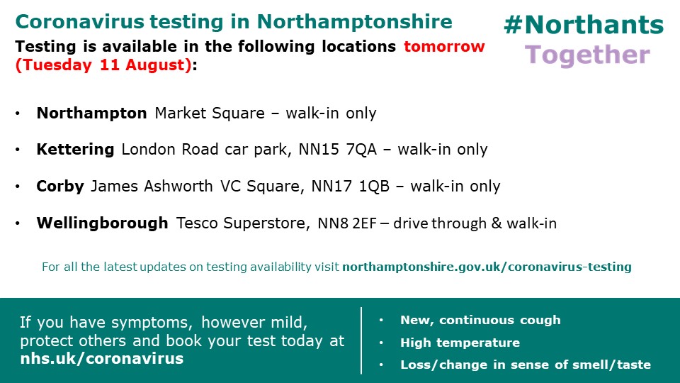 This is where you can get tested for coronavirus in Northamptonshire tomorrow #NorthantsTogether