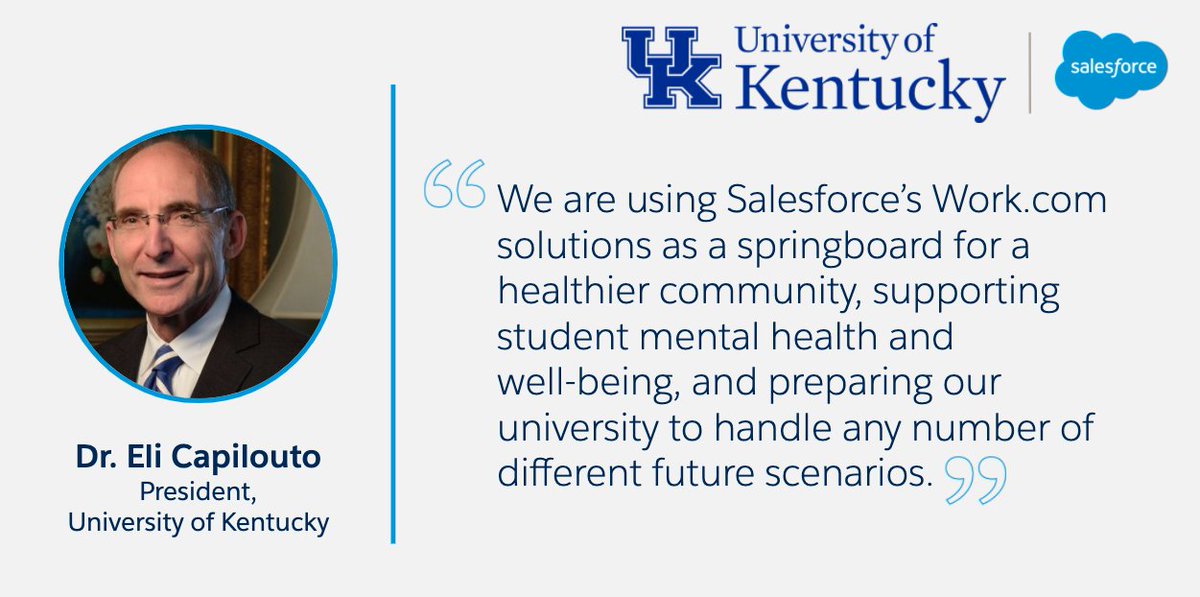 SalesforceNews's tweet photo. The @universityofky is using @salesforce’s Work‍.com solutions – including daily wellness assessments &amp; symptom checks and manual contact tracing – to help it safely welcome back 30,000 students to campus this month: https://t.co/L3d8FUjMCw https://t.co/d59k2lDWX6