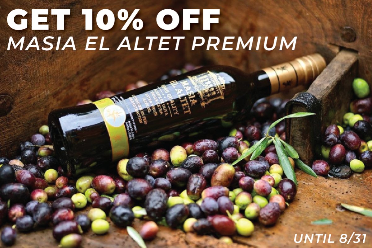 Until Aug. 31, get 10% off on Masia el Altet Premium olive oil! This delicious oil is great for finishing. All you have to do to receive the discount is show us this post whenever you come in.