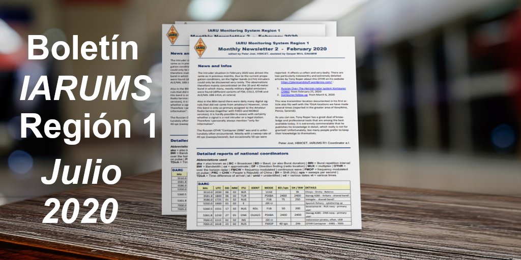 IARUMSURE's tweet photo. El Boletín Informativo Mensual del IARU Monitoring System Región 1 de Julio 2020 ha sido publicado. Disponible para consulta y descarga en https://t.co/tQq95Udsqk
En él aparece publicado el informe de 
@IARUMSURE

#IARUMS #hamradio #hamr #SWL 
@ure_es https://t.co/BR2k6b3ZgF