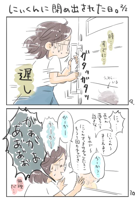 【にぃくんに閉め出された日】2/2

コレがあってから星田は一瞬でも外に出る時は家の鍵持つようになった?
(ゴミ出しとか) 