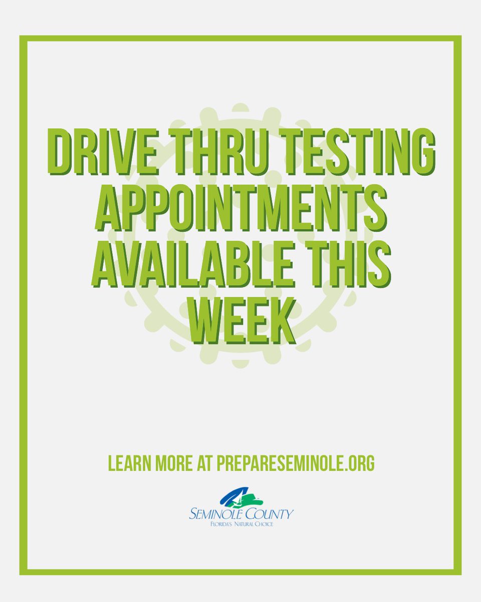 seminolecounty's tweet image. Need testing? Make an appt, site at @SeminoleState. 

Mon, 8/10: covid19810.eventbrite.com
Tue, Aug 8/11: covid19811.eventbrite.com 
Wed, Aug 8/12: covid19812.eventbrite.com 
Thur, Aug 8/13: covid19813.eventbrite.com 
Fri, Aug 8/14: covid19814.eventbrite.com 

PrepareSeminole.org.