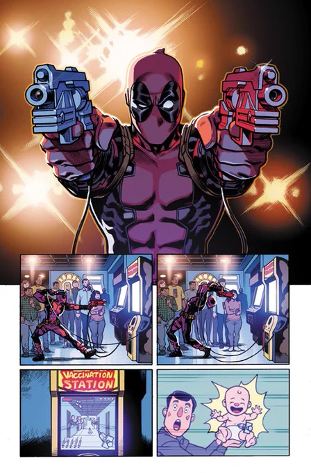 Oh, just saw someone write about this story on Screen Rant, and figured it'd be fun to share some favorite pages from Deadpool Annual 2019! My colors, lineart by @Reilly_Brown and @Nelson_Faro: 