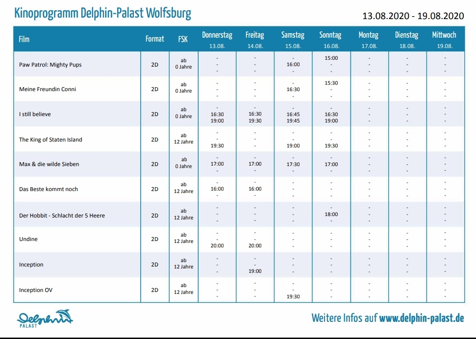 Hier das Programm für diese Woche für euch. Zum Zehnjährigen Jubiläum für euch Inception, sowohl auf Deutsch als auch im Original