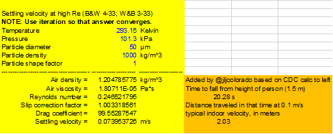 17/So let's calculate which particle sizes have the CDC / WHO “droplet” behavior and fall in 1-2 m. Under typical conditions, a 50 um particle falls within 2 m.(Aerosol calculator above, cell A235. File --> options --> enable iteration --> 100)