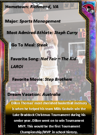 RoanokeMBB's tweet image. Roanoke Men’s Basketball would like to recognize members of our 2019-2020 team. Get to know more about Dillon Thomas, class of 2021! #TeamTogether #GoNoke