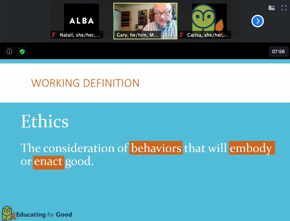 ALBA_System's tweet photo. “How can we change our behaviors - individual and systemic - so that we can embody and enact good?” @GaryChapin5 leading discussion on what makes an ethical assessment, part of Assessment for Good Circle Series. https://t.co/s20ecIEkpK https://t.co/P1DSPLGxDc