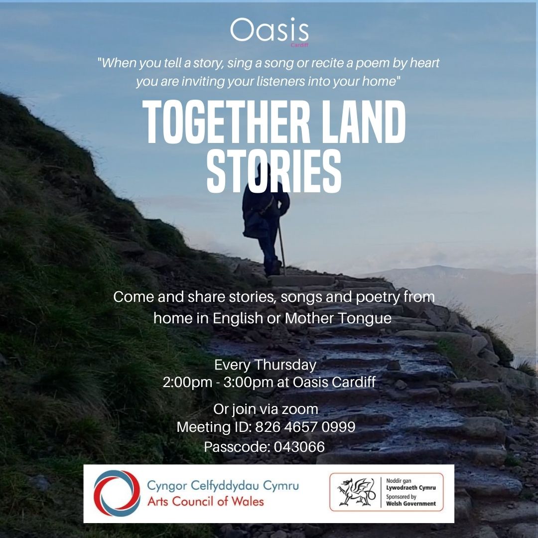 Today's #TogetherLandStories Storytelling session was very fun! 

We sang, shared stories and enjoyed time together in the park.🌳

Join us on Thursday by emailing jess@oasiscardiff.org or via the Zoom details below.

Everyone is welcome.☺️