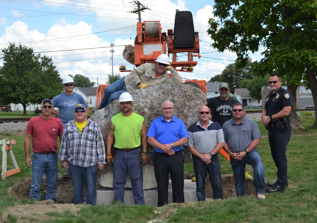 StMarys_Ohio's tweet photo. On Friday, crews set the boulder in place as part of the Michael Lynch Memorial Garden along East Spring Street. https://t.co/KiG8og5MSO