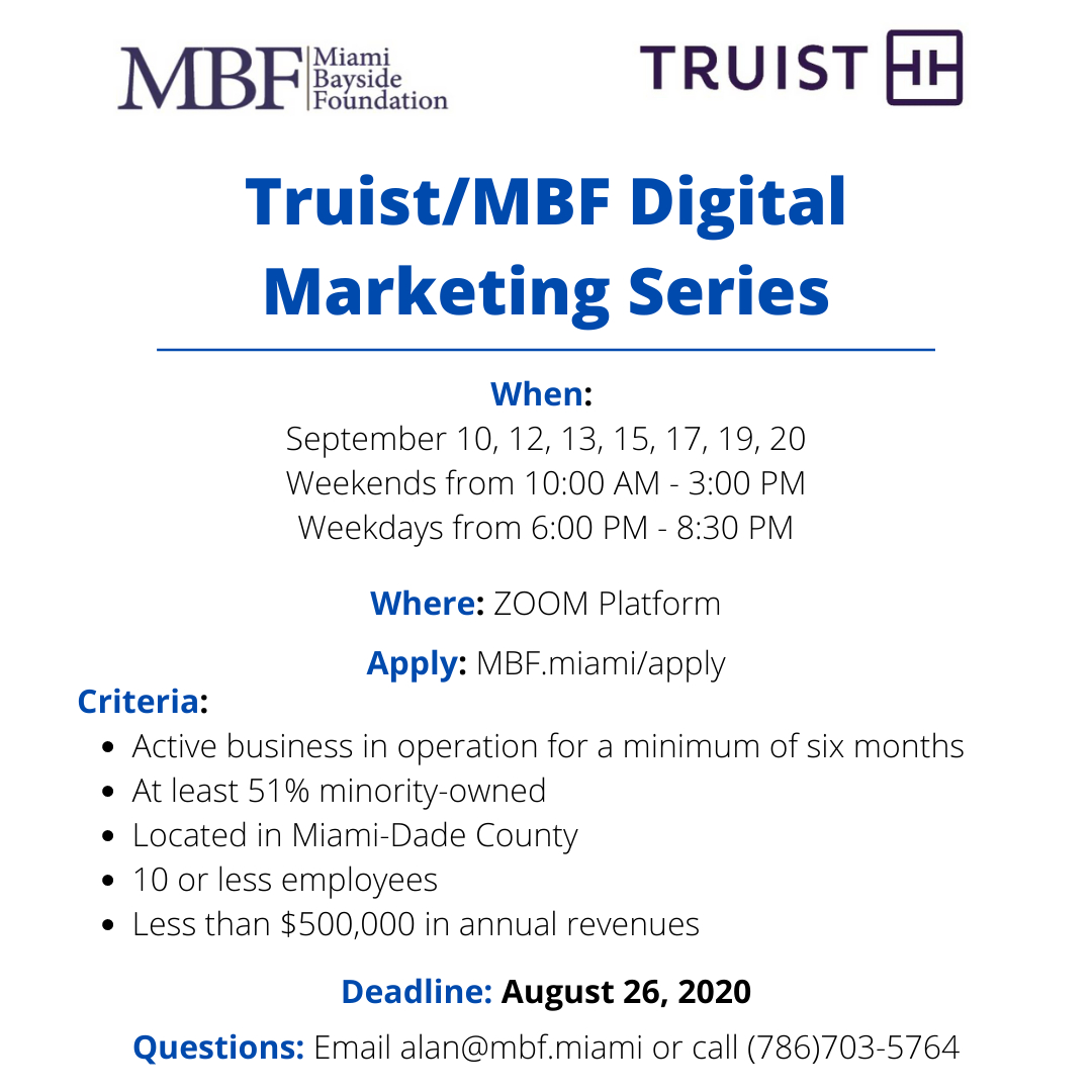 MBF #SmallBizTips: Do you need to grow your digital marketing footprint, but don't know how? Apply for the Truist/MBF's Digital Marketing Series. This in-depth program will prepare you to use digital marketing to grow your business. Visit mbf.miami/apply/ to apply.
