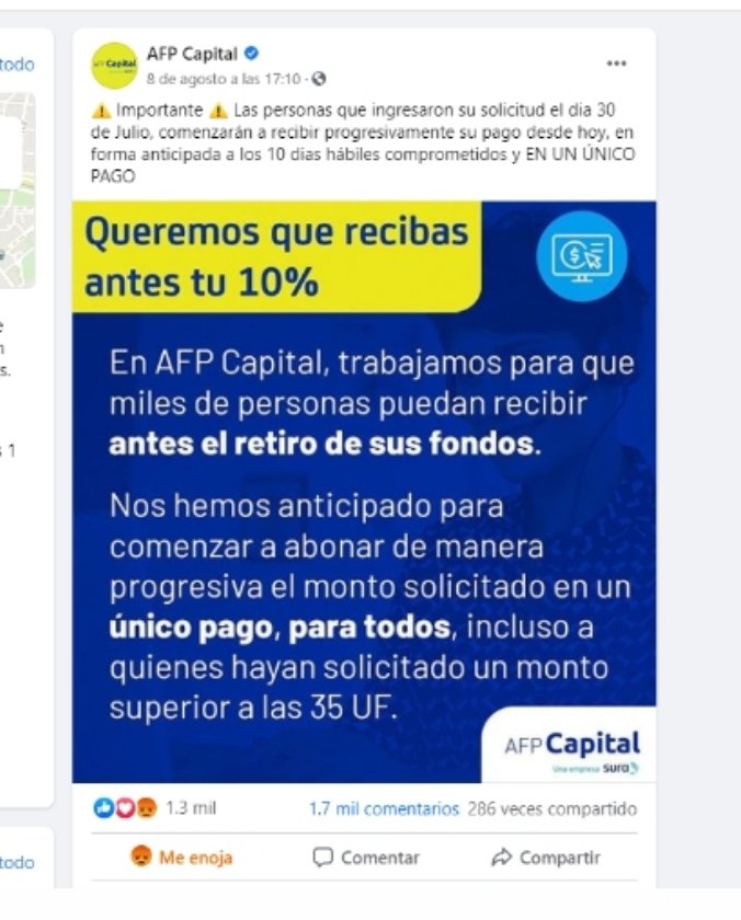 Claumart251's tweet photo. #afpcapital Pk eliminó esta publicación de facebook? Pke la gente esta reclamando su 10%,Raro por decir lo menos, postule el 30, y aún no aparece el pago en mi cta rut y ya sacaron los fondos de mi afp @AFP_Capital #QuieroMi10xciento #Afpcapitalmiente #quieromi10xcientoahora https://t.co/JorpjBh5vh