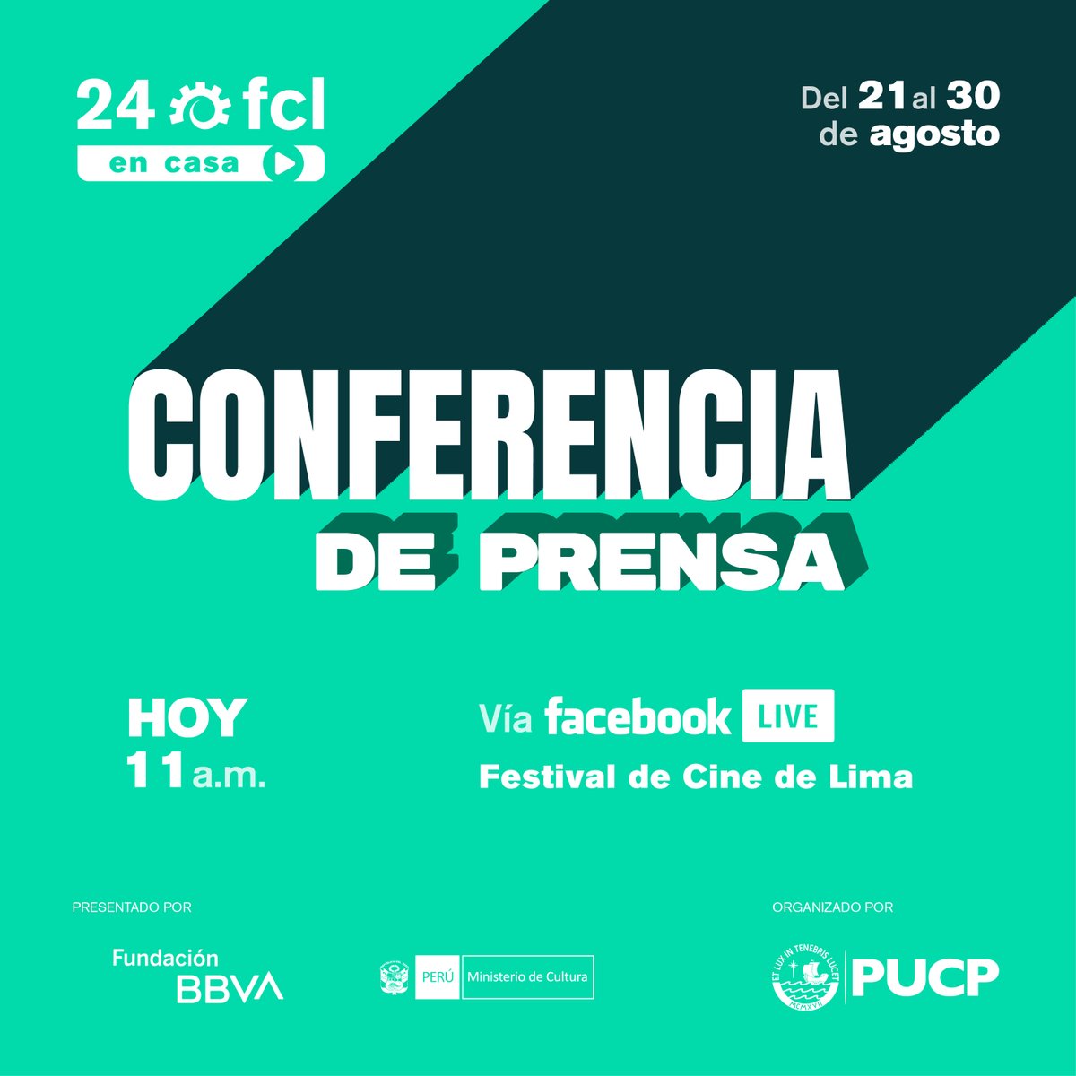 festivaldelima's tweet photo. [#24FCL en casa]
En breves minutos empezamos con la presentación del 24 Festival de Cine de Lima PUCP en Casa. 📽

➡ Únete a las 11:00 a.m. a la transmisión en vivo en el Facebook del Festival: https://t.co/LC5V1uGdK4

#ElCineLatinoNosConecta
#CulturaPUCP https://t.co/RMhukcdg7X