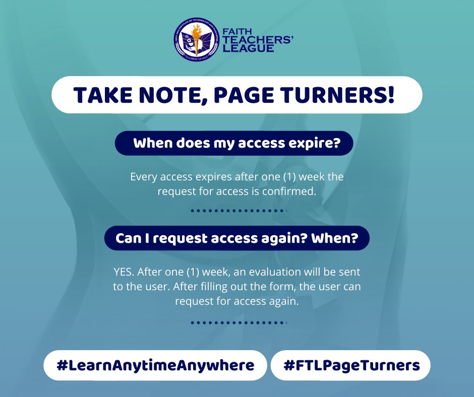 faithtlofficial's tweet photo. HEADS UP, PAGE TURNERS! πππ»
We're back with few changes.
Follow our easy steps to get access to our various teaching and learning resources.
Happy Learning!
#LearnAnytimeAnywhere
#FTLPageTurners https://t.co/KryFNEm2ZI