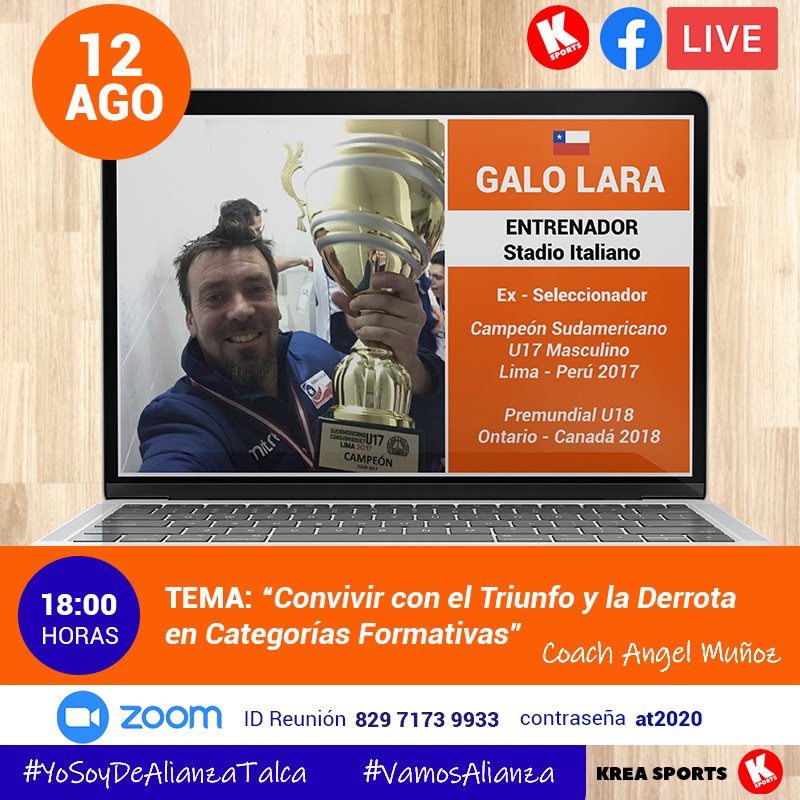 Retomamos nuestras sesiones de conversación junto al coach <a href="/AngelMunoz813/">Angel Fernando Muñoz</a>, y que mejor que con un gran invitado, <a href="/CoachGaloLara/">Coach Galo Lara</a>, campeón Sudamericano U17 con nuestra 🇨🇱 <a href="/ChileFeba/">Federación Básquetbol de Chile</a>. No te la pierdas y síguela en vivo por el fanpage de <a href="/KreaSports/">KREA Sports</a>.
#YoSoyDeAlianzaTalca