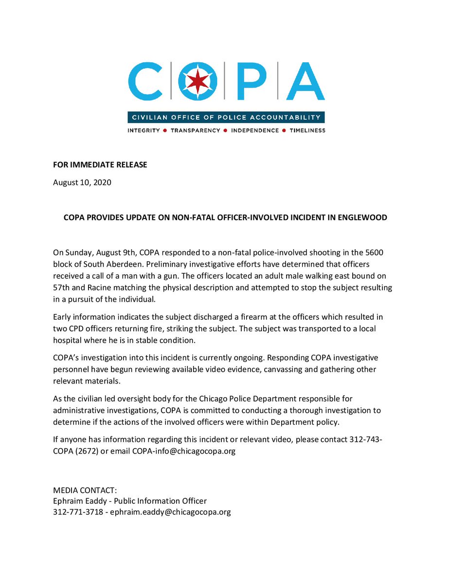 Here is the statement  @ChicagoCOPA put out earlier today:According to COPA, the shooting victim was fleeing CPD and fired at officers (But no mention of body camera or POD cam footage).3/