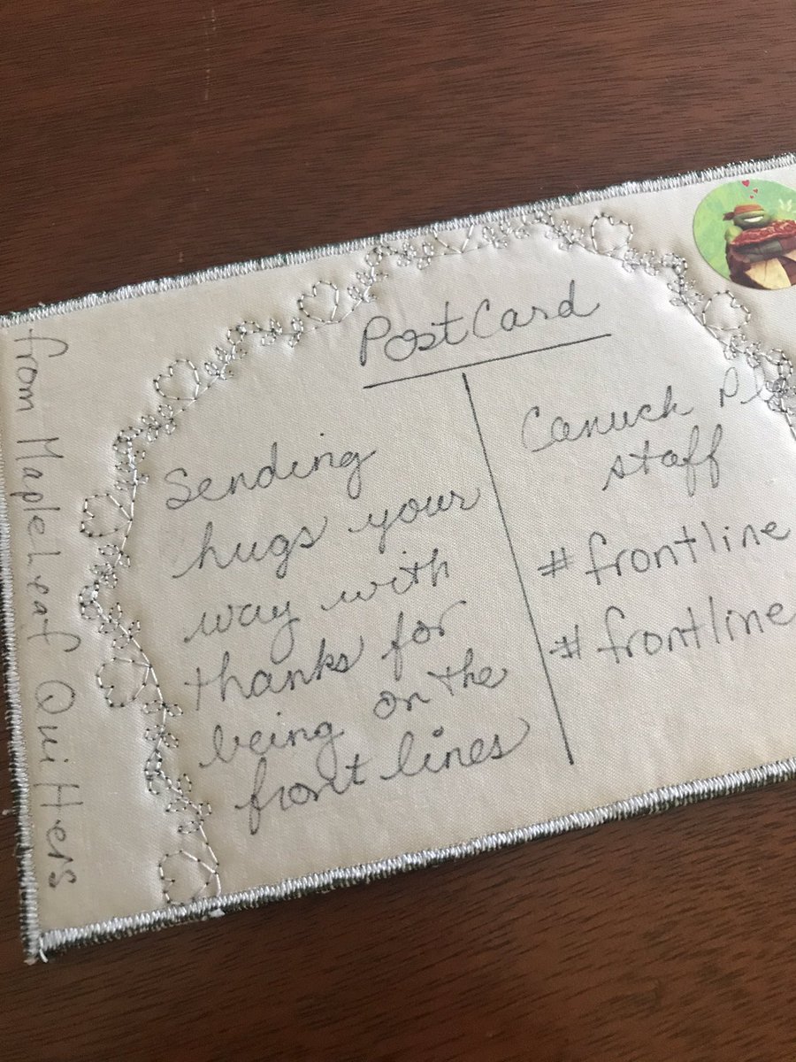 denisepraill's tweet photo. Thank you again @ml_quilters from your friends @CanuckPlace! Your postcard has made its way from display at the Vancouver hospice to our office for a stint... ππ #Covid_19 #frontlinefriends #frontlineworkers #passiton https://t.co/oHLEcE2Yxw
