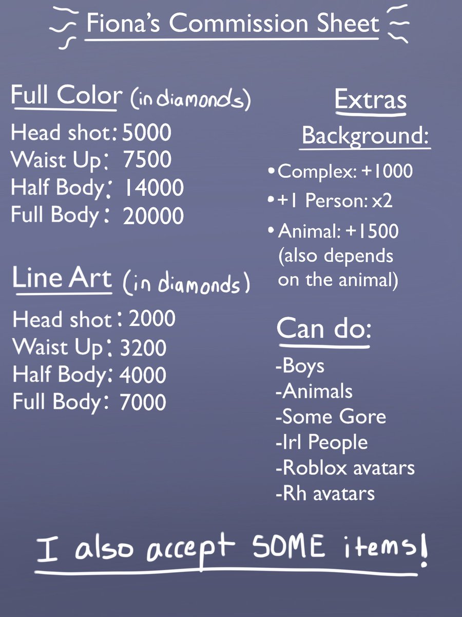 ItsaMeFiona's tweet photo. Commissions: OPEN

(I edited the prices a bit)
Here are my prices! I also accept items (in thread) and there are more examples in the thread! If you have any questions, just ask! https://t.co/ZYA7CXb1RO