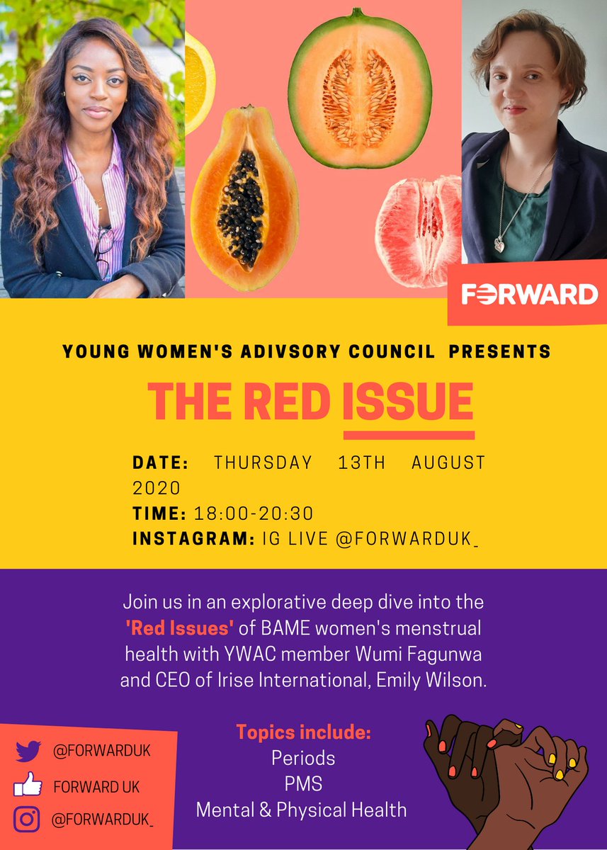 FORWARDUK's tweet photo. 🤸🏾♀️OKAY LADIES NOW LET'S GET IN-FORMATION!💃🏿✨
Join us on Instagram Live this Thursday for the Red Issue where we will be discussing period stigma and women’s health with @irise_int! 🤳🏽
#ThePeriodIssue #FORWARDYouth https://t.co/WDTyfKdGaD