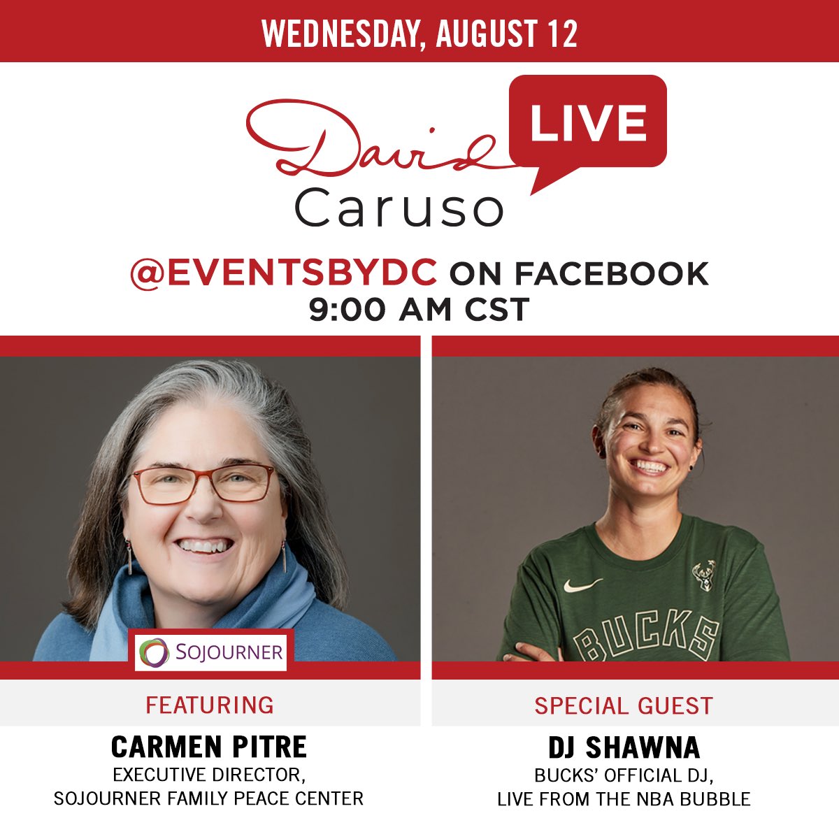 EventsByDC's tweet photo. Wednesday. Facebook Live Event with @SojournerMKE and @DJShawna (@Bucks ). Donโt miss it! #davidcarusolive #signaturestyle #Conversation #DomesticViolence #untilshecan #daretobe #NBA #NBABubble #goodthingsbrewing #milwaukeestrong #mkemycity https://t.co/4m2D4J5DfU