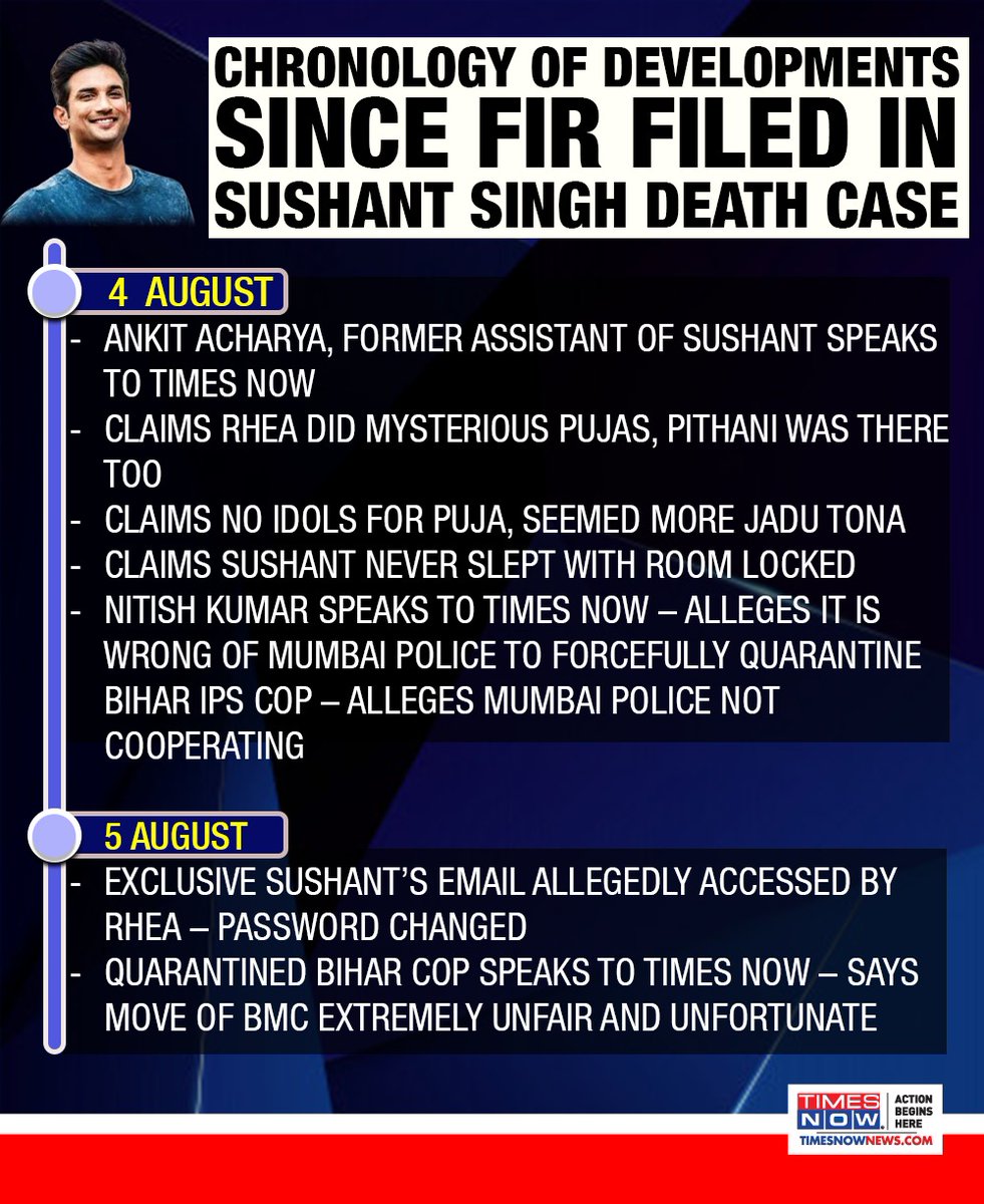 TimesNow's tweet image. Chronology of all developments after FIR was filed in Sushant Singh death case.

TIMES NOW is the only channel that&apos;s keeping you ahead of others with its super investigations, exposes and breaking news. 

#SushantMurderQuestion #SushantDeathClincher #SushantDeathProbe