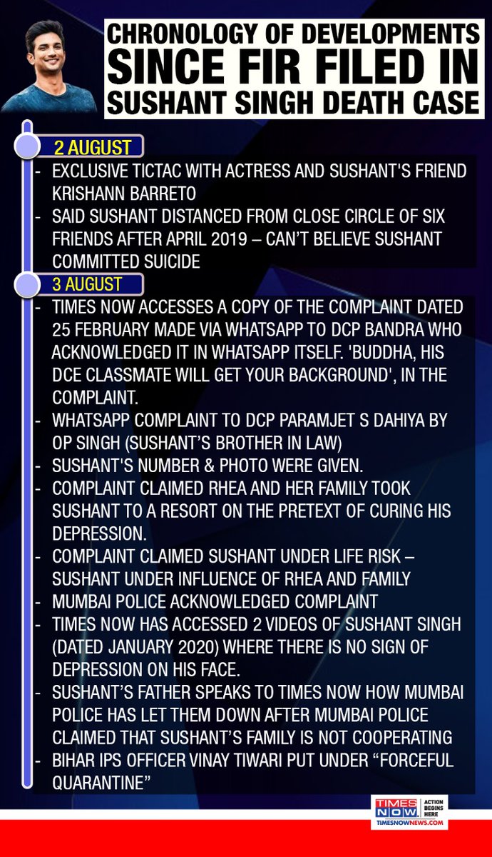 TimesNow's tweet image. Chronology of all developments after FIR was filed in Sushant Singh death case.

TIMES NOW is the only channel that&apos;s keeping you ahead of others with its super investigations, exposes and breaking news. 

#SushantMurderQuestion #SushantDeathClincher #SushantDeathProbe