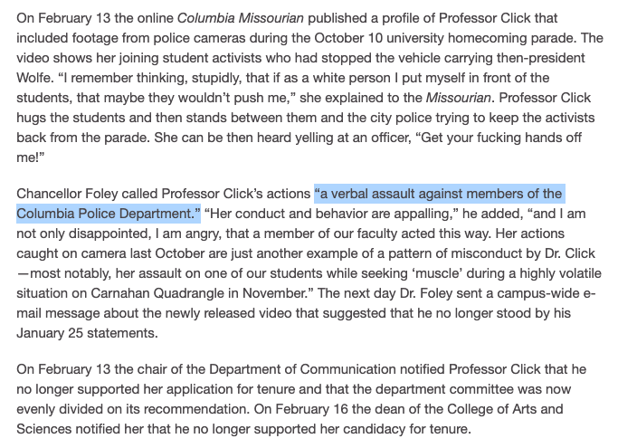 There are others. Jamie Riley (UA) lost his job for criticizing police last year.  @JosephWMead (Cleveland State) was denied tenure. And remember Melissa Click? Guess why she was really fired by Mizzou. It wasn't just for yelling at a student reporter. https://www.aaup.org/report/academic-freedom-and-tenure-university-missouri-columbia