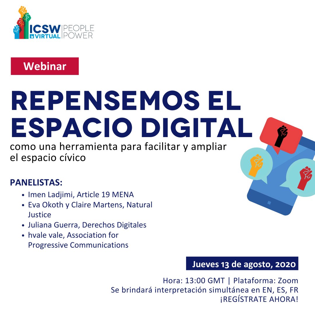 #ICSW2020 Acompañanos este jueves a las 9am NY en una conversacion sobre derechos digitales con @froatosebe de @APC_News Imen Ladjimi @Article19MENA, @EvaOkoth
y Claire Martens @naturaljustice y Juliana Guerra de
@derechosdigital Registrate aquí bit.ly/2DCmIfu