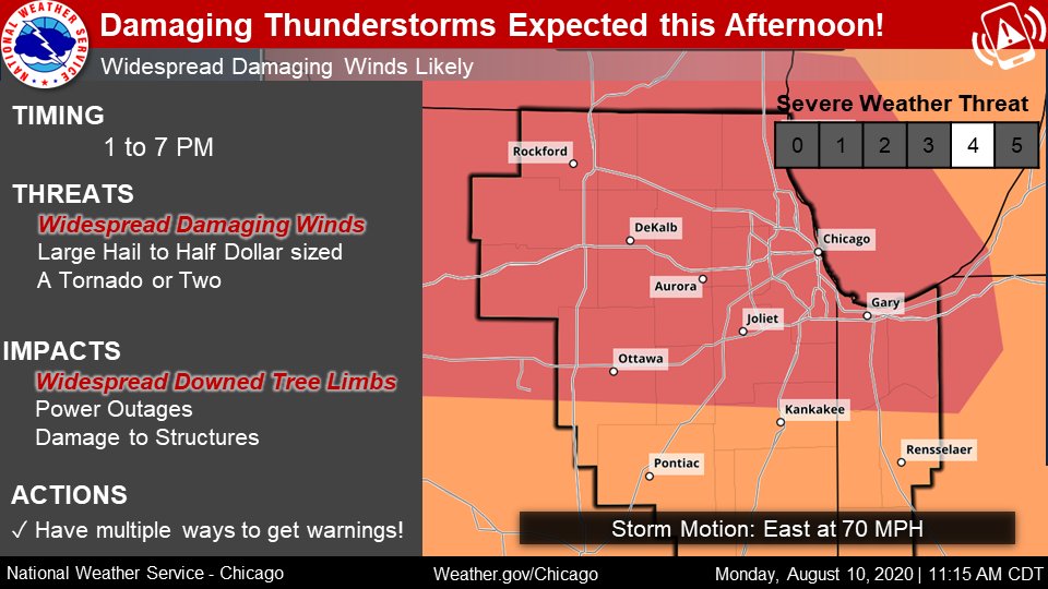 NWSChicago's tweet photo. ⚠️ [11:15 AM 8/10] Widespread damaging with downed trees and power lines are likely this afternoon and evening. The worst may come through the Chicago metro around rush hour. We are in rare a category 4/5 severe weather. Have multiple ways to receive warnings! #ilwx #inwx https://t.co/H0YvHnaaAO