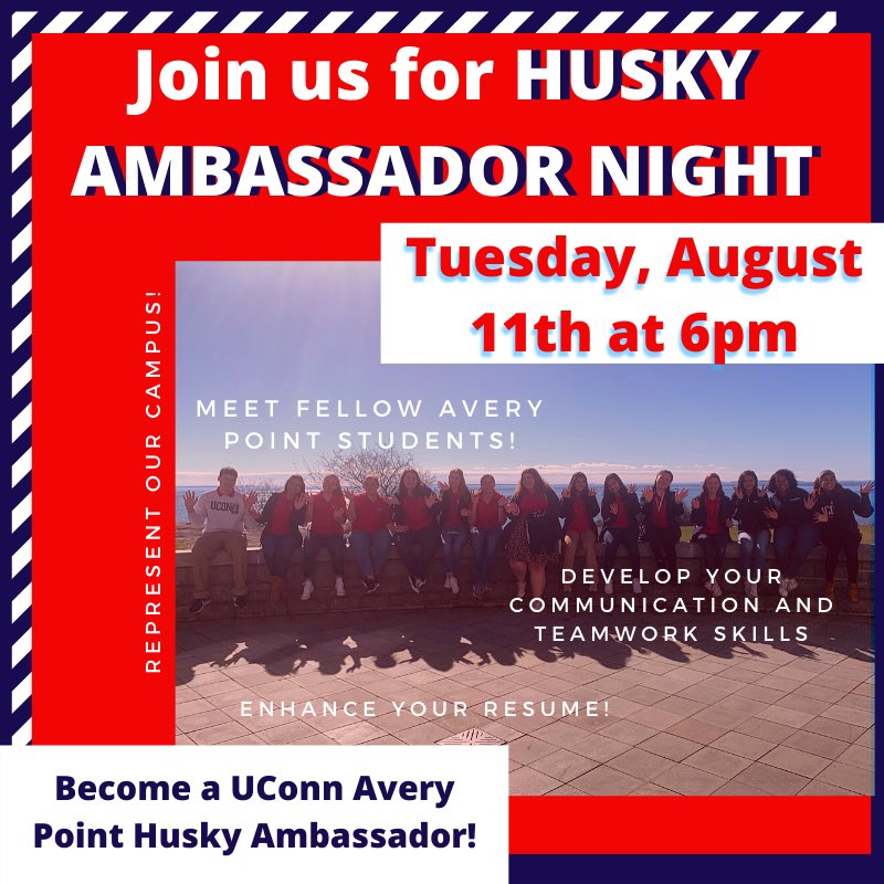 Hey Huskies, want to meet new people, have fun while also gaining valuable experience?Join Husky Ambassadors!! We are hosting an info session for anyone interested in checking out our club!

Zoom Meeting:
us02web.zoom.us/j/87364573140?…

Meeting ID: 873 6457 3140
Passcode: 7XcHzk