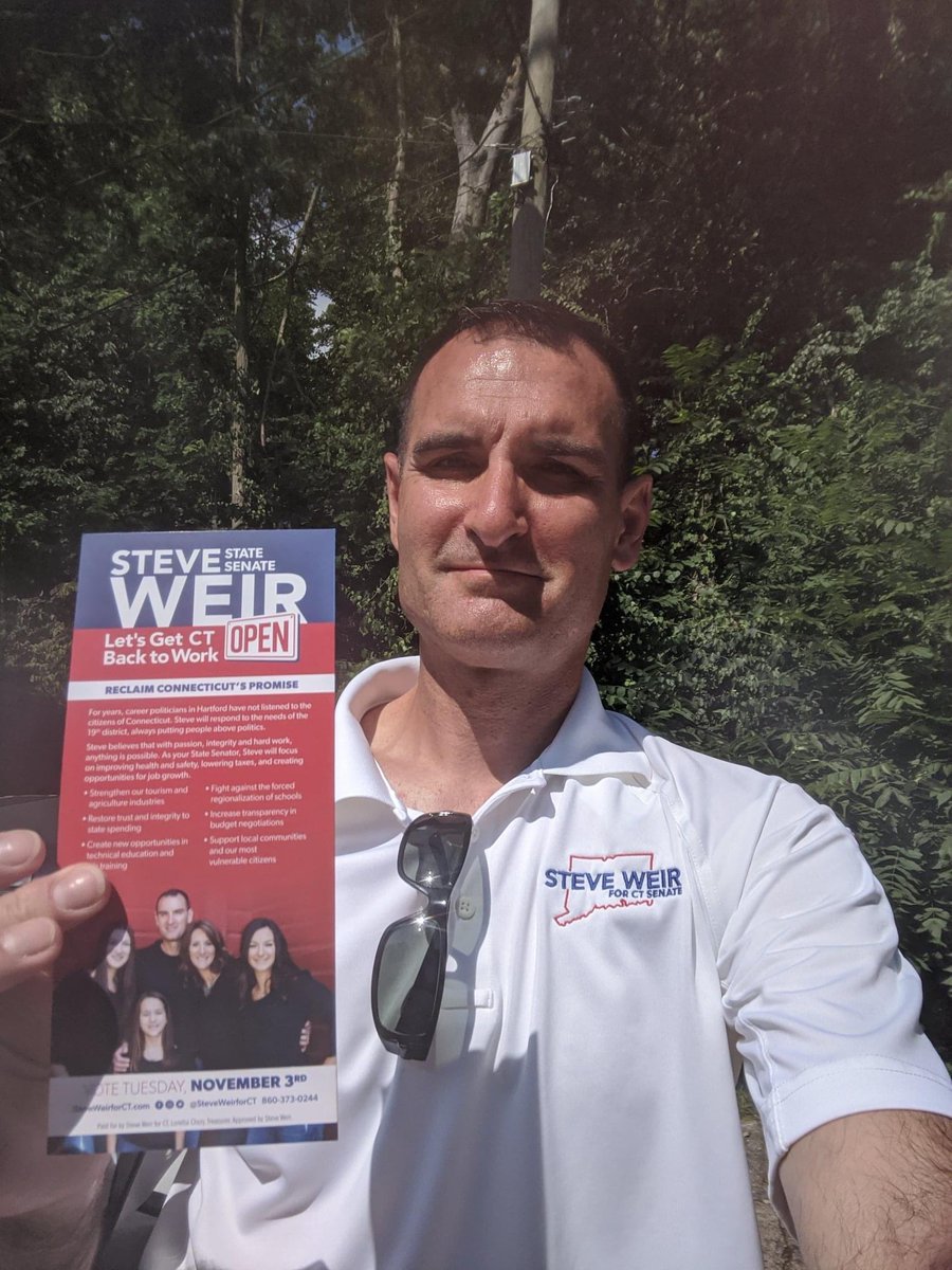 SteveWeirForCT's tweet photo. Door knocking in Norwich around @nfaschool, speaking with voters about high CT taxes, education spending, the business unfriendly climate, and the incredible potential for Norwich.  #getctbacktowork #sunwasinmyeyes https://t.co/6sRK9FdsP0