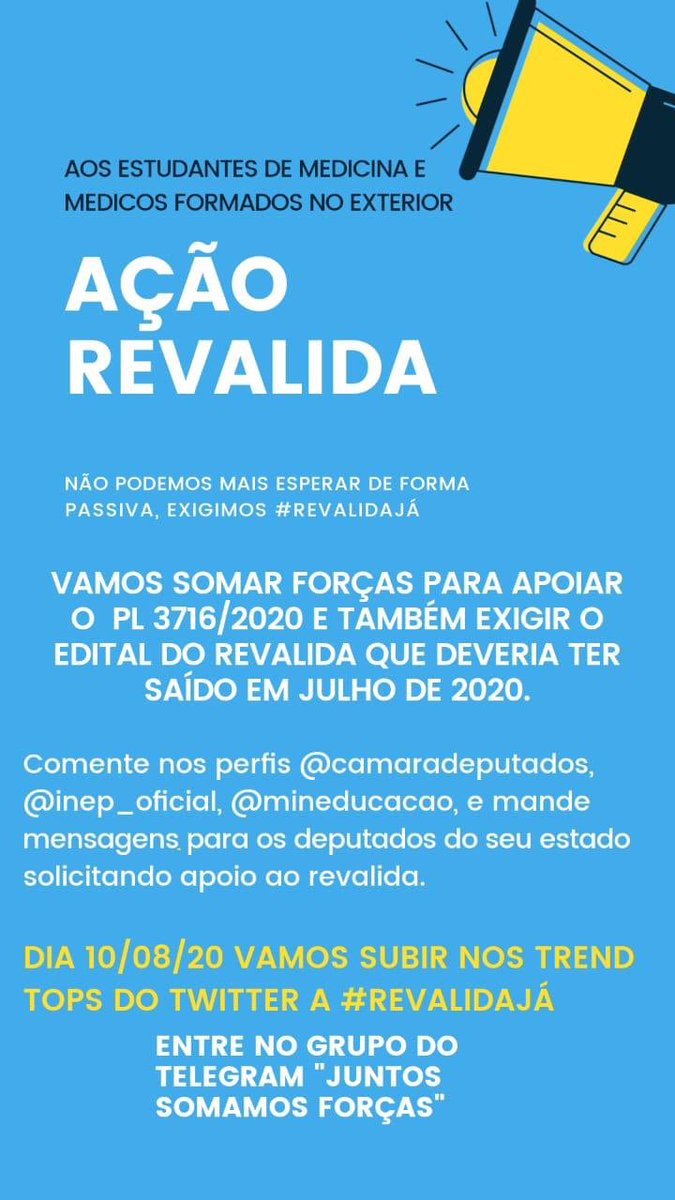 Brendonnsill's tweet photo. #RevalidaJá #Revalida2020 #PL3716 #EuApoio
@inep_oficial @camaradeputados @MEC_Comunicacao @jairbolsonaro @RodrigoMaia https://t.co/l44wTVlcE8