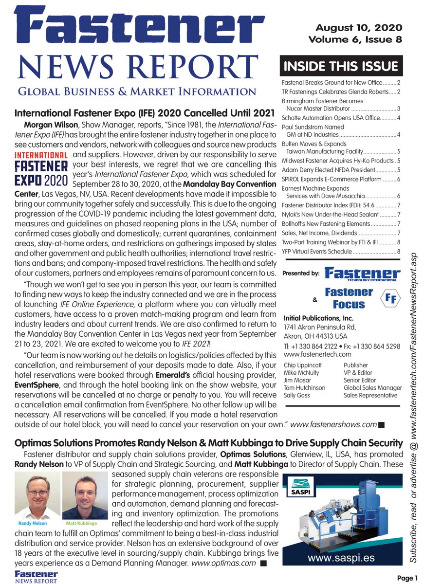 The flip book edition of the August 10 Fastener News Report can be seen here online.pubhtml5.com/ksyg/iivm/. Details on PDF and print editions as well as editorial and advertising opportunities can be seen here fastenertech.com/fastenernewsre….
