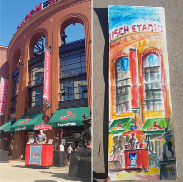 190810 MLB Ballpark 11/30 Busch Stadium @cardinals vs  @pirates. A great ballpark + surrounding area. Had the pleasure of meeting (and painting)  @NeilFischerTV while he sold programs.  @tarawellman  @dgoold  @lastoneformiles  @unclecharlie50  @markasaxon  #DiamondsOnCanvas  #AndyBrown