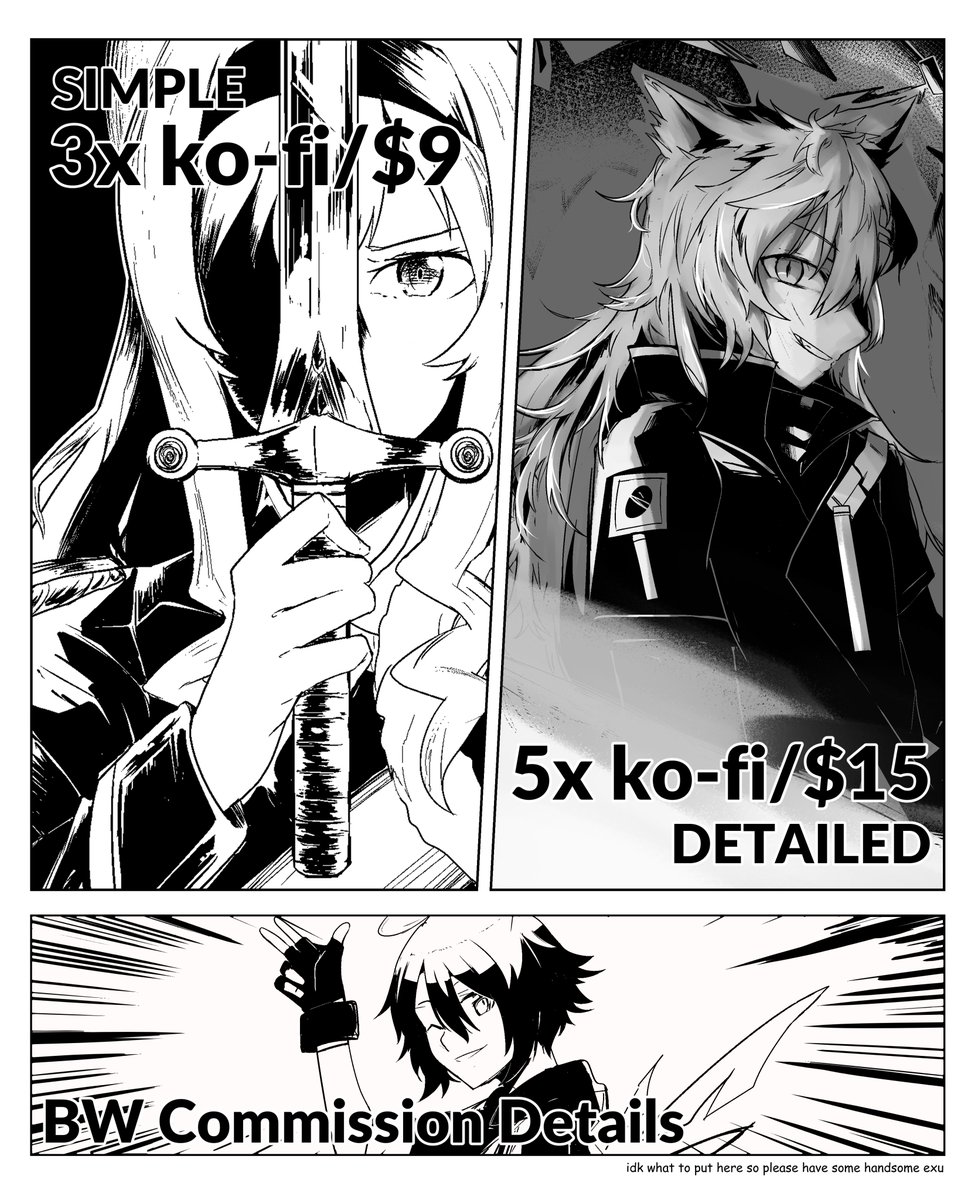 Hello, I'm opening commissions again this month!
I'm opening 5 slots each, colored and BW~ Boost and RTs are deeply appreciated, thank you~
You could also check my sample works at:
https://t.co/4QoUz1VEIt
#CommissionsOpen